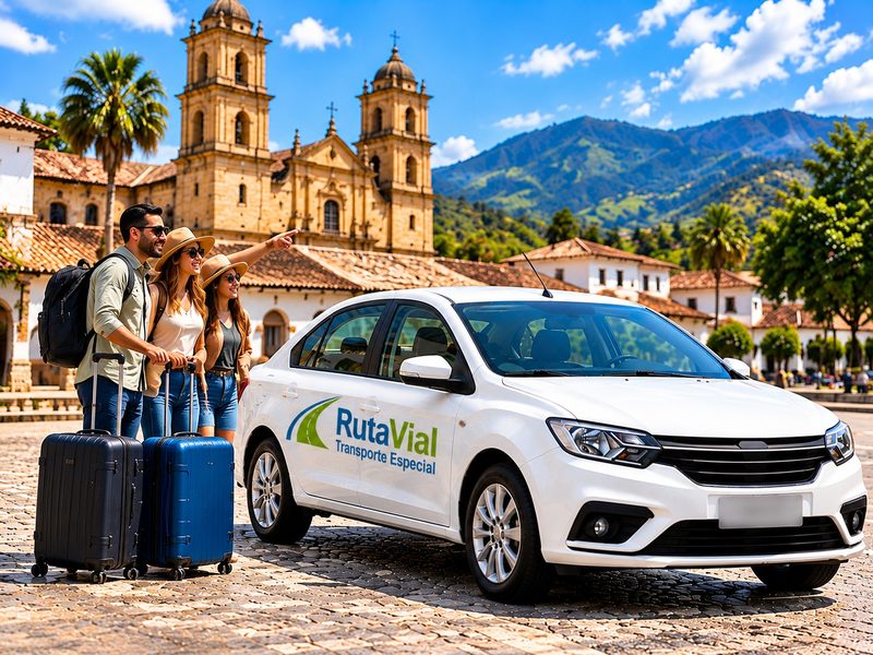 Turistas con maletas junto a un carro de RutaVial en una plaza colonial frente a una catedral.
